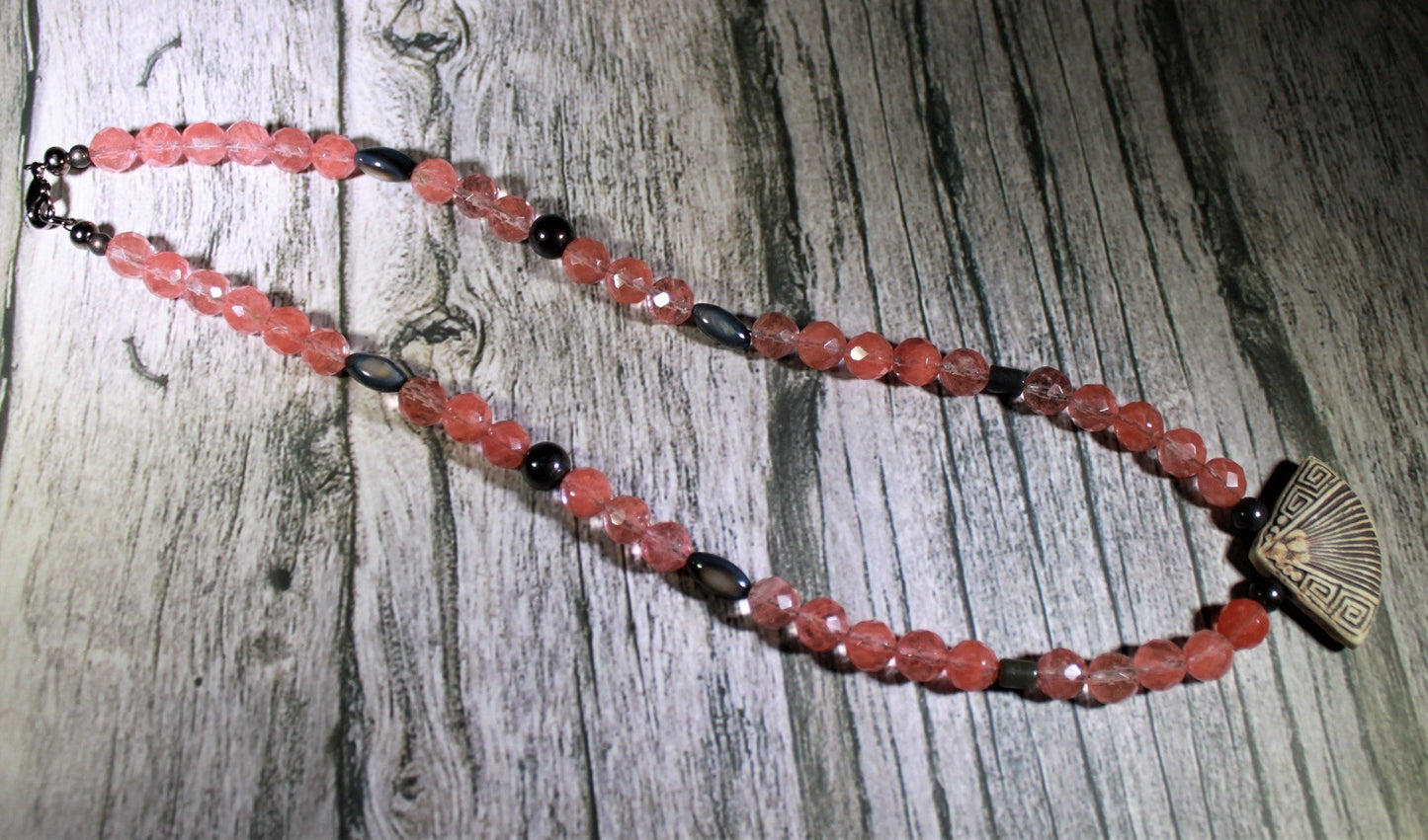 Cherry glass with ceramic fan necklace