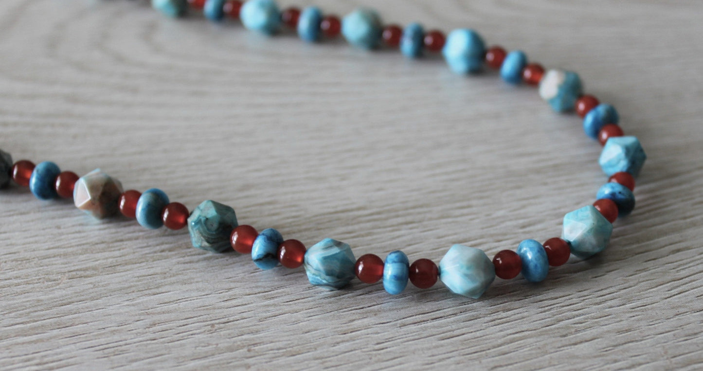 Blue Crazy Lace Agate and Carnelian Necklace