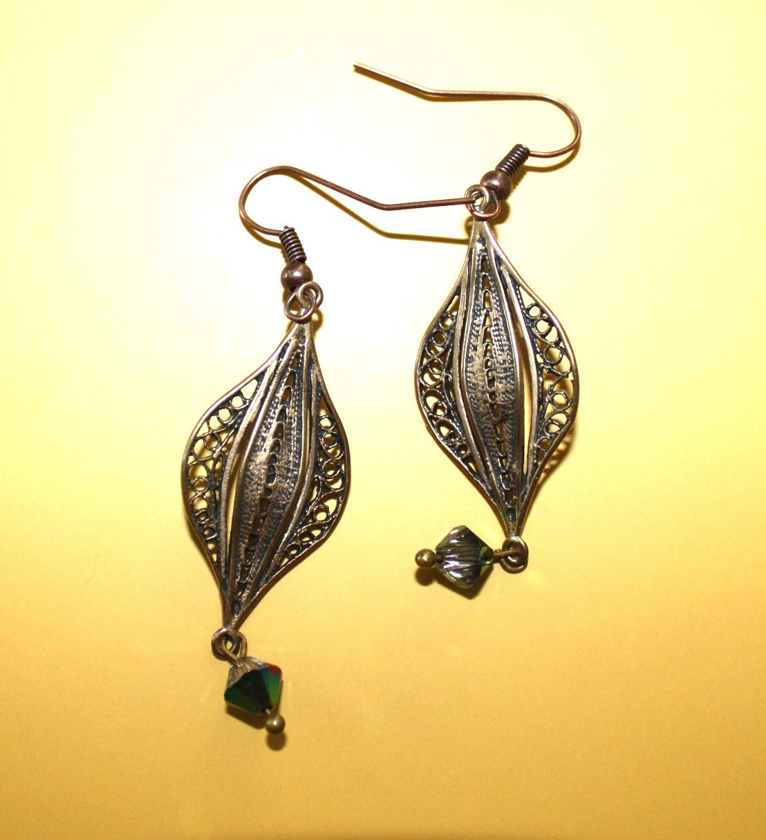 Bronze Filigree Bead.  Crystal  Earrings